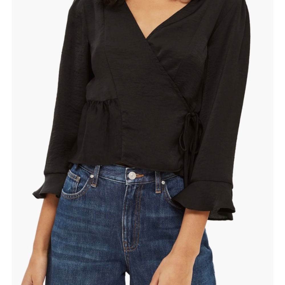 Top Shop Black Satin Tie Warp Blouse Versatile Freya size xs